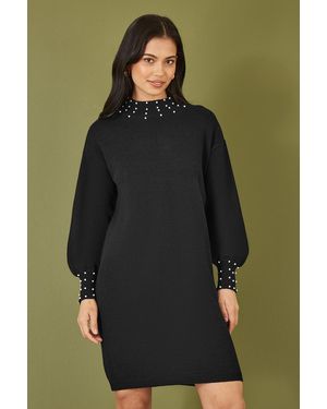 Yumi' Pearl Detail Knitted Relaxed Jumper Dress - Green
