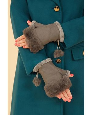 Yumi' Fur Fingerless Suede Mittens - Blue