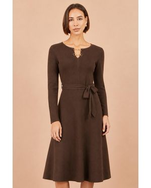 Yumi' Knitted Skater Dress With Buckle Detail - Brown