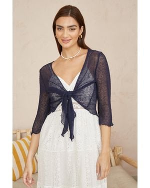 Yumi' Popcorn Yarn Tie Front Bolero - Blue