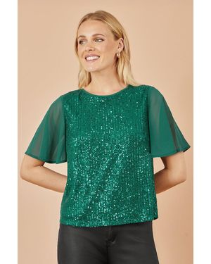 Yumi' Sequin Top With Sheer Sleeves And Cut Out Back - Green