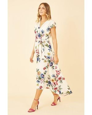 Mela Ivory Floral Wrap Dip Hem Dress - Natural