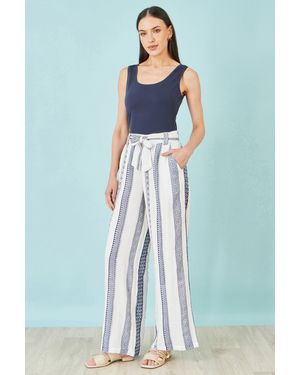 Yumi' Linen Mix Cropped Trousers With Tie Belt - Blue