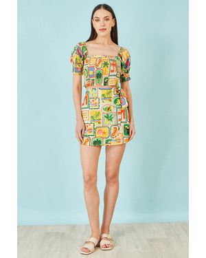 Yumi' Multicolour Postcard Print Cotton Wrap Skirt - Blue