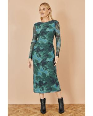 Yumi' Floral Mesh Bodycon Dress With Tie Back - Blue