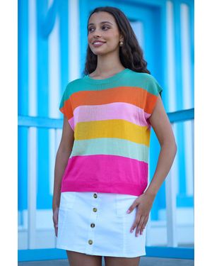 Yumi' Multicolour Block Stripe Relaxed Knitted Top - Blue