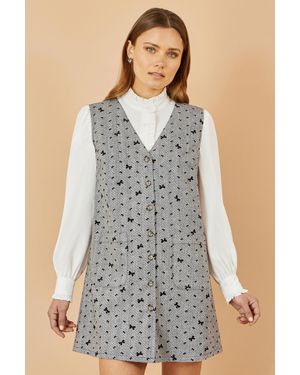 Yumi' Bow Print Pinafore Dress With Button Up - Grey