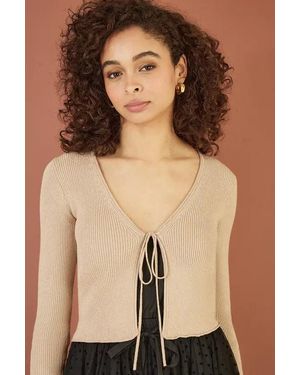 Yumi' Metallic Knitted Ribbed Tie Front Bolero - Natural