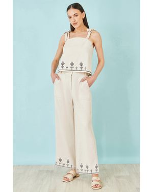 Yumi' Linen Mix Embroirdered Trousers - Blue
