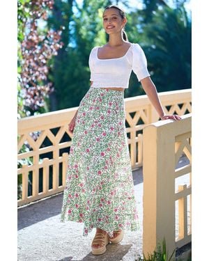 Yumi' Boho Print Cotton Floral Maxi Skirt - White