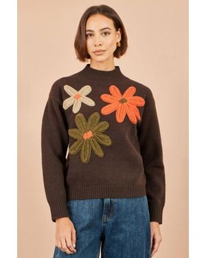 Yumi' Knitted High Neck Jumper With Applique Flowers - Blue
