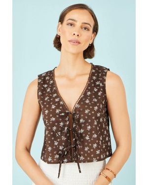 Yumi' Cotton Daisy Print Waistcoat Top - Brown