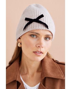Yumi' Oatmeal Bow Knitted Beanie Hat - Brown