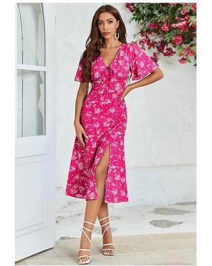 FS Collection Floral Print Angel Sleeve Midi Dress - Pink