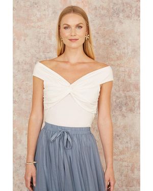 Yumi' Jersey Cotton Bardot Top With Knot Detail - Blue
