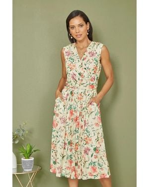 Yumi' Ivory Floral Print Mesh Stretch Midi Dress With Pockets - Green