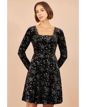 Yumi' Starburst Foil Print Long Sleeve Skater Dress - Black