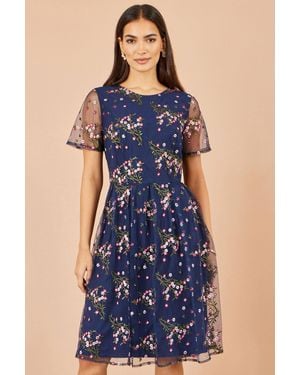 Yumi' Embroidered Floral Mesh Prom Dress - Blue