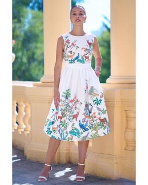 Yumi' Woodland Animal Print Cotton Midi Skater Dress - Blue