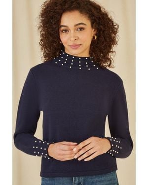 Mela Pearl Detail High Neck Jumper - Blue