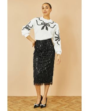 Yumi' Hanging Sequin Fitted Midi Skirt - Black