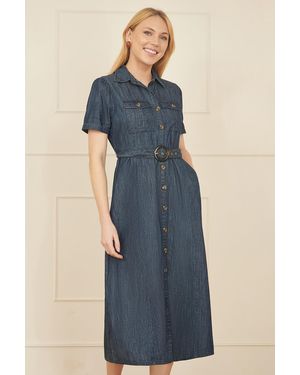 Yumi' Chambray Utility Midi Denim Shirt Dress - Blue