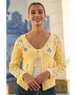 Yumi' Embroidered Pointelle Cardigan - Yellow
