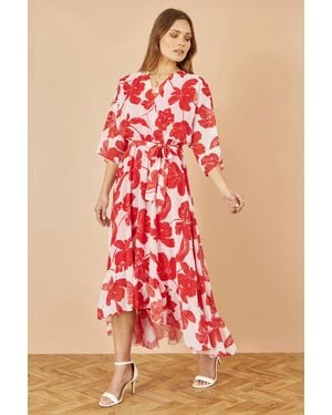 Yumi' Kimono Sleeves Dip Hem Wrap Midi Dress - Red