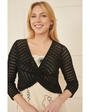Yumi' Cotton Crochet Twisted Bolero Top - Black
