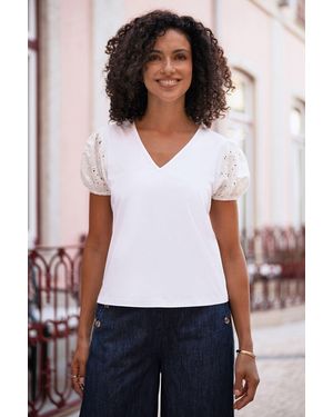 Yumi' Cotton Jersey T-Shirt With Lace Sleeves - White