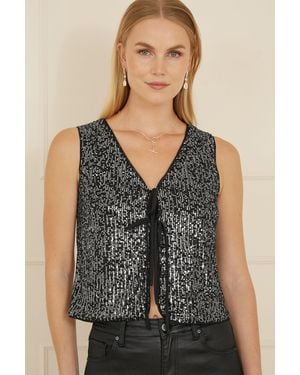 Yumi' Sequin Tie Front Waistcoat - Black