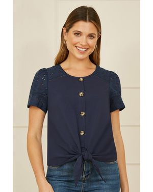 Yumi' Jersey Button Detail T-Shirt With Broderie Anglaise Sleeves And Tie Front - Blue