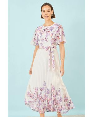 Yumi' Ivory Floral Mirror Pleated Midi Dress - White
