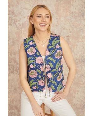 Yumi' Flower Reversible Cotton Quilted Waistcoat - Blue