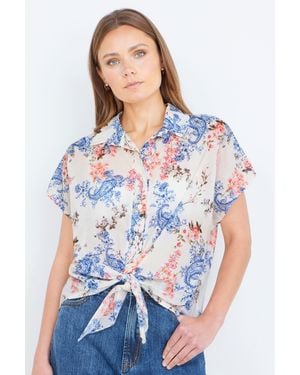 Yumi' Cotton Paisley Print Tie Knot Shirt - White