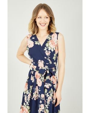 Mela Rose Printed Wrap Over Sleeveless Skater Dress - Blue
