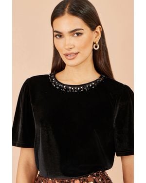 Yumi' Velvet Embellished Neck Top - Black