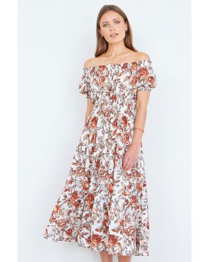 Yumi' Floral Ruched Waist Midi Dress - White