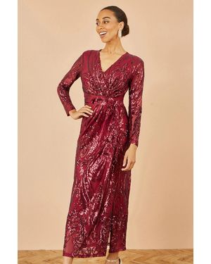 Yumi' Sequin Midi Wrap Dress With Split Hemline And Long Sleeves - Red