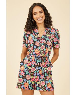 Yumi' Multicoloured Retro Floral Button Up Playsuit - Blue