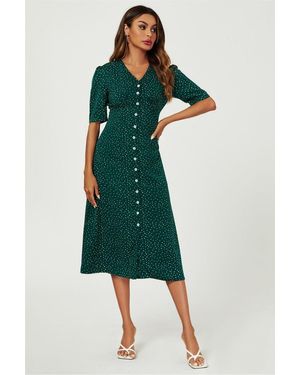 FS Collection Dot Print Button Front Midi Dress - Green