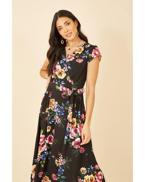 Mela Floral Wrap Over Dipped Hem Midi Dress - Black
