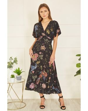 Yumi' Viscose Bird And Floral Print Kimono Midi Dress - Black