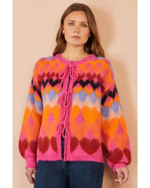 Yumi' Tie Front Heart Intarsia Cardigan - Red