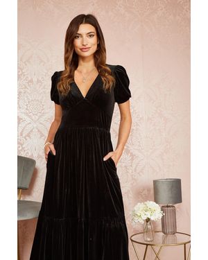 Yumi' Tiered Velvet Midi Dress With Pockets - Natural