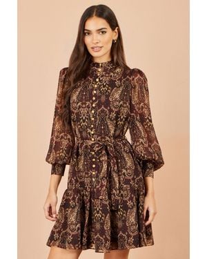 Yumi' Paisley Long Sleeve Shirt Dress - Brown