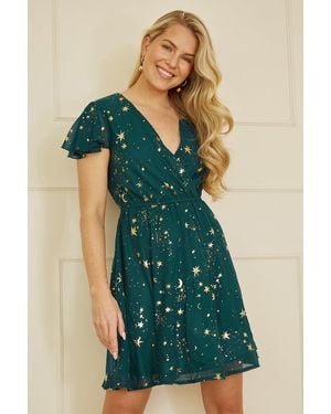 Yumi' Foil Star Print Wrap Skater Dress - Green