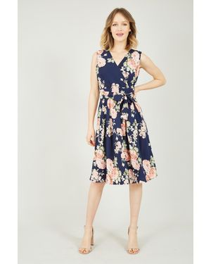 Yumi' Rose Printed Wrap Over Sleeveless Skater Dress - Blue