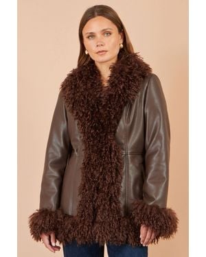 Yumi' Faux Leather Coat With Faux Fur Trims - Brown