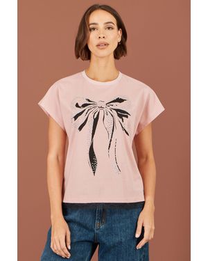 Yumi' Bow T-Shirt With Lace - Pink